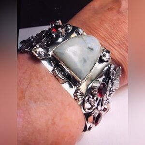 Moonstone Garnet Stamped 925 Sterling Silver Cuff Bracelet
